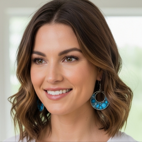Women's Fishhook Blue Hoop Earrings (New) - Picture 1 of 3